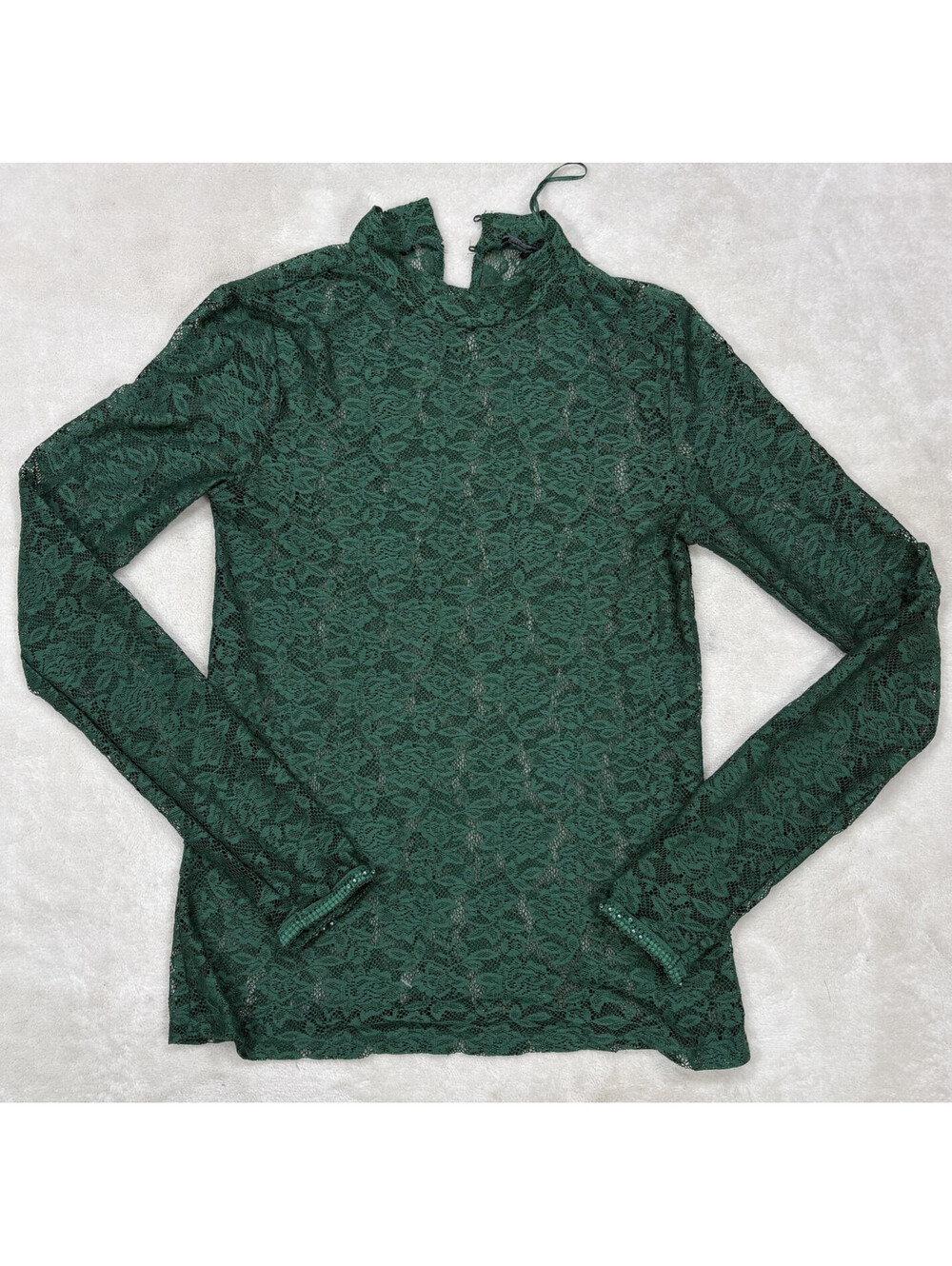 Zara Womens M Green Floral Lace Sheer Blouse High Neck Long Sleeve Pearl Cuff